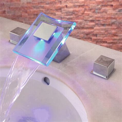 LED Two Handles Waterfall Sink Faucet Hydroelectric Color Changing Tap