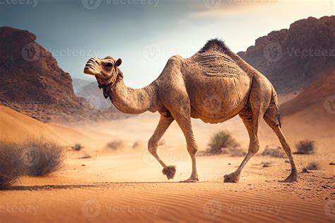 A wild camel walks through the Sahara Desert. 23009448 Stock Photo at ...