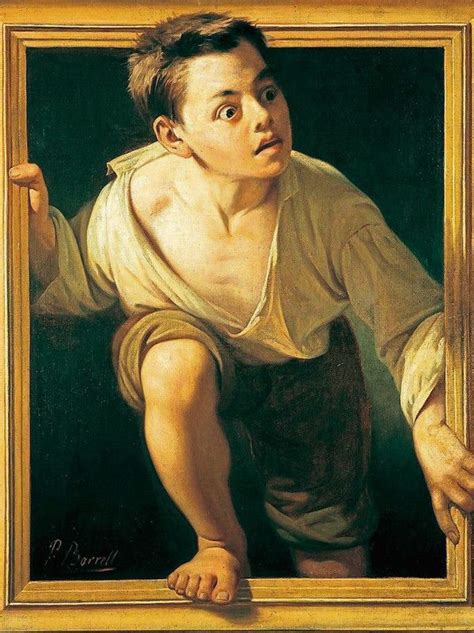 a painting of a young man holding a framed object in his right hand and looking up at the viewer