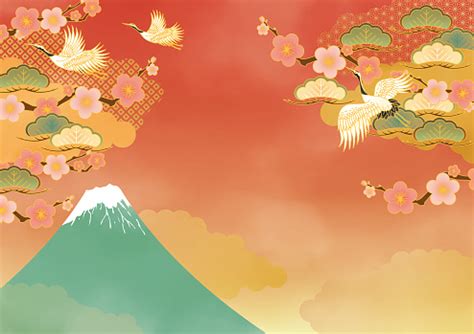 Japanese Pattern New Year Background With Fuji Ume Pine And Crane Stock Illustration - Download ...