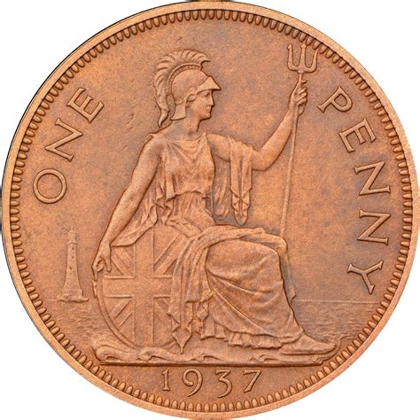 George VI 1 Penny Large 31mm Size Vintage 1938 United Kingdom Bronze ...