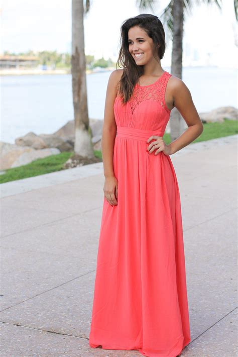 Coral Maxi Dress with Pleated Lace Top | Beautiful Dresses – Saved by the Dress