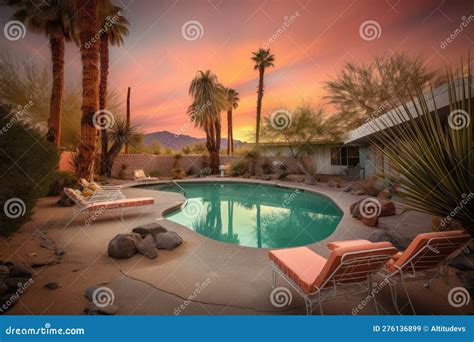 Desert Oasis View with Glittering Swimming Pool and Lounge Chairs Stock ...