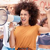 Megaphone, equality or women rights protest for global change, gender equality or angry black ...