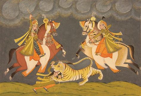 Rajput Queen Hunting Tiger Forest Scene, Indian Miniature Watercolor Painting India Painting by ...