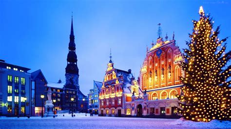 riga, Latvia, Buildings, Houses, Church, Bell, Tower, Square, Tree, Tree, Lights, Night, Sunset ...