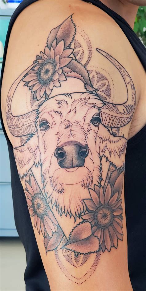 After the first 7 hour session here's my first tattoo. Water Buffalo by Hannah Wolf Berkeley CA ...