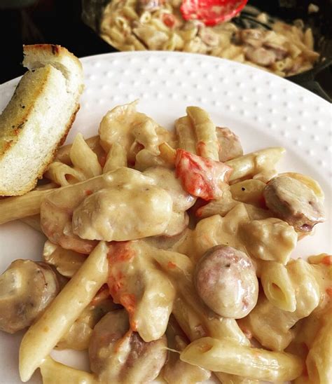 One Skillet Creamy Andouille Sausage, Chicken and Shrimp Pasta | Foodtalk