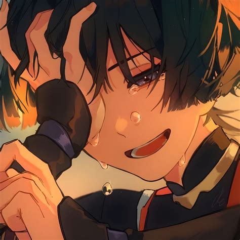 an anime character holding a microphone to his ear