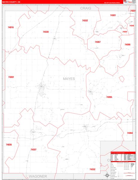 Mayes County, OK Zip Code Wall Map Red Line Style by MarketMAPS - MapSales