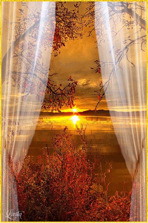 the sun is setting over water with curtains hanging from it's sides and trees in front