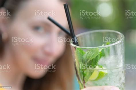 Beautiful Girl With Mojito Cocktail Drink In Outdoor Restaurant Stock ...