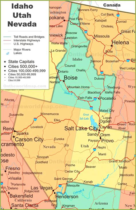 Map of Idaho, Utah and Nevada - Ontheworldmap.com