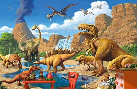 Wallpaper Childrens Room adventure Dinosaur – wall picture decoration Dino World Comic style ...