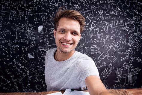 Hipster Student Doing Taking Selfie Against A Big Blackboard Stock ...