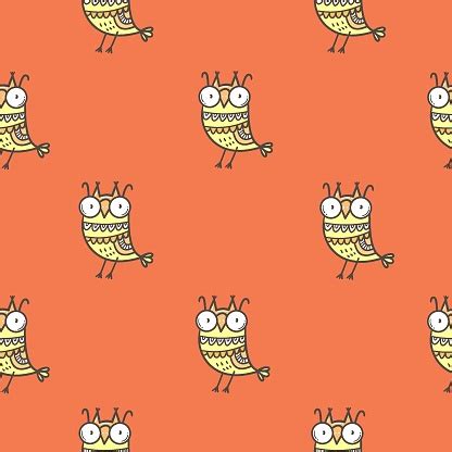 Seamless Pattern With Cute Cartoon Owls On Red Background Funny Doodle Vector Wallpaper Line Art ...