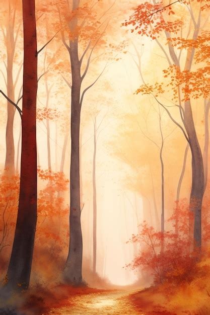 Premium AI Image | Autumn forest with fog in the morning digital painting style