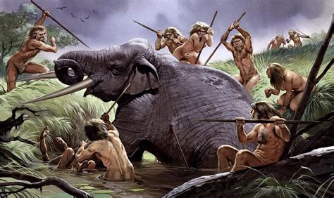 Homo heidelbergensis Hunting Party by Angus McBride Prehistoric World, Prehistoric Creatures ...