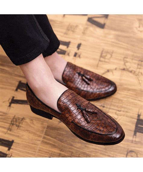 Men's #brown leather slip on #DressShoes tassel on vamp, crocodile skin pattern, Curved toe. Men ...