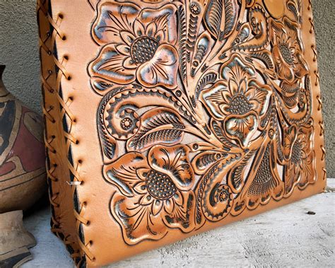 Tooled Leather and Laser Cut Tote with Stitch Whip Edging & Shoulder ...