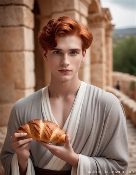 Handsome Teen with Croissant in Ancient Greek Attire | Stable Diffusion Online