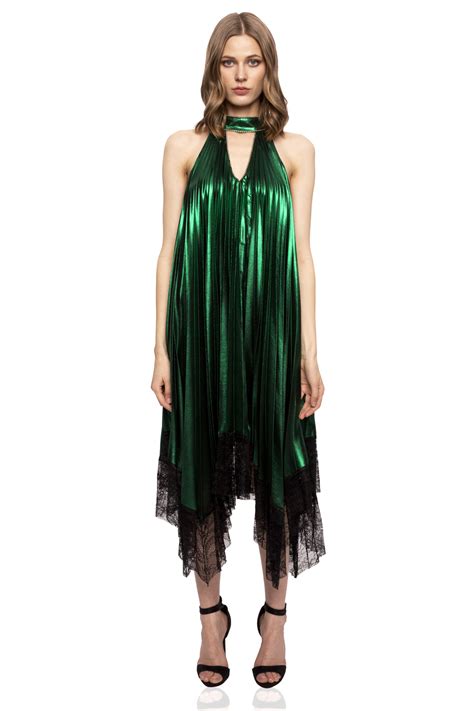 Asymmetrical green metallic dress with lace | rs10643 | NISSA