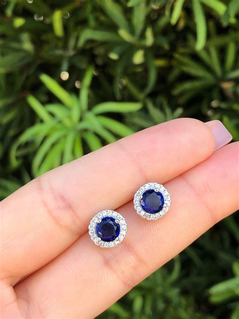 Blue Sapphire Round Halo Earrings. Blue Sapphire Stud - Etsy | Bridal earrings studs, Halo ...