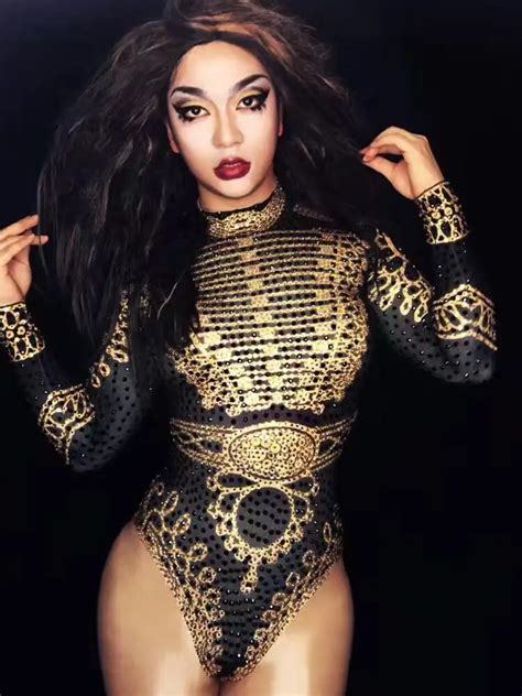 Sexy Beyonce Bodysuit Black Gold long Sleeve Leotard Outfits Stage Clothes for Singers ...