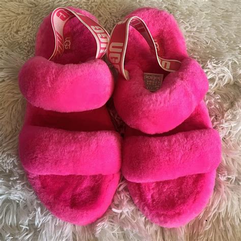 pink fluffy ugg slipper sandals size 9 in great... - Depop