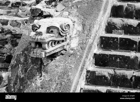 Quetzalcoatl (feathered serpent) head sculpture carving in its temple in Teotihuacan, Mexico ...