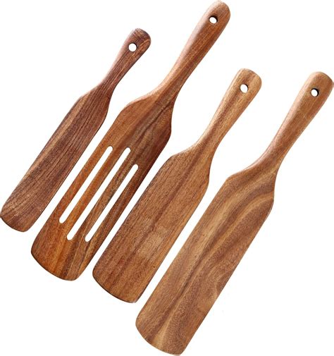 Slotted Spurtle Spatula Set for Stirring 4 Pcs Cooking Utensils Natural Teak Kitchen Utensil Set ...