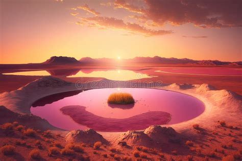 Small Round Pink Desert Lake in Rays of Setting Sun Stock Illustration ...