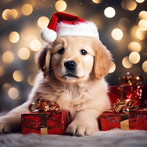 Premium AI Image | beautiful golden retriever puppy with a red santa claus hat sits under ...