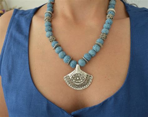 Large Blue Ceramic Beaded Necklace With Shield Pendant - Etsy UK