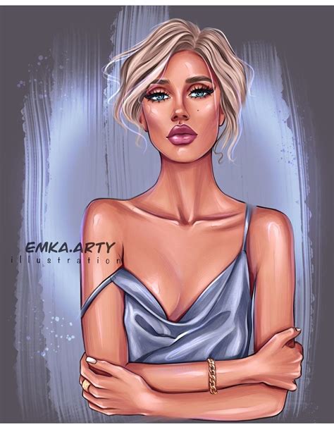 a drawing of a woman with tattoos on her chest and arms crossed, wearing a silver dress