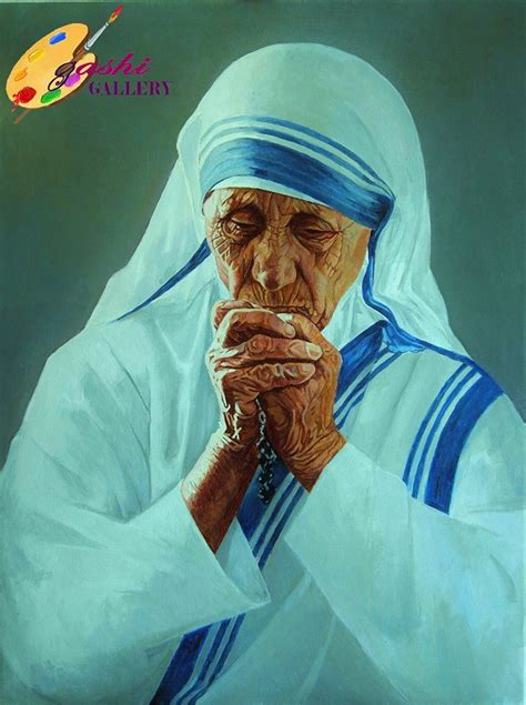 a painting of an old woman with her hands clasped to her face and wearing a blue headdress