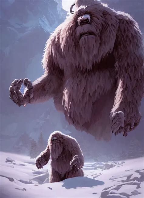 giant yeti monster towering over snow covered trees, | Stable Diffusion