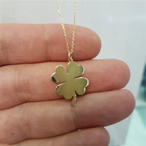 14K Real Solid Gold Four Leaf Clover Pendant Necklace for Women