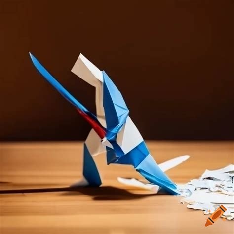 Paper origami samurai with sword in a messy room on Craiyon