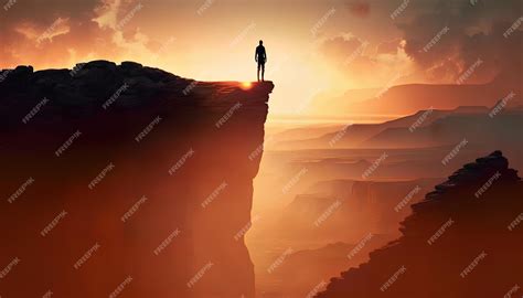 Premium AI Image | A man stands on a cliff at sunset.