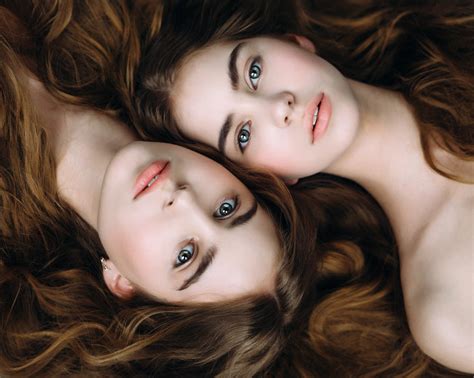 women, model, looking at viewer, brunette, twins, sisters, two women, face, hair , portrait, top ...