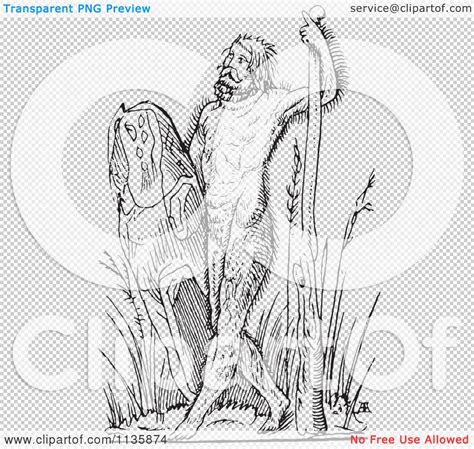 Clipart Of A Retro Vintage Fantasy Savage Hairy Man Black And White ...