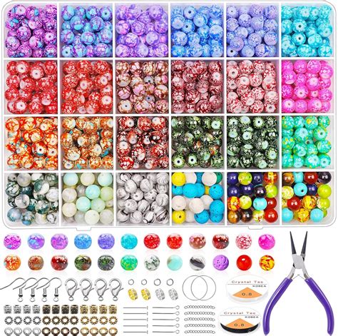 Beads for Jewelry Making Supplies Kit, Gacuyi Colorful Acrylic Round Glass Beads in Patterns ...