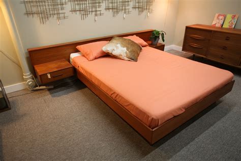 Teak Mid Century Queen size Floating Bed (with attached night stands) – Consign Design Edmonton