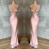 Pink Spaghetti-Straps Mermaid Prom Dress Sleeveless With Appliques ...