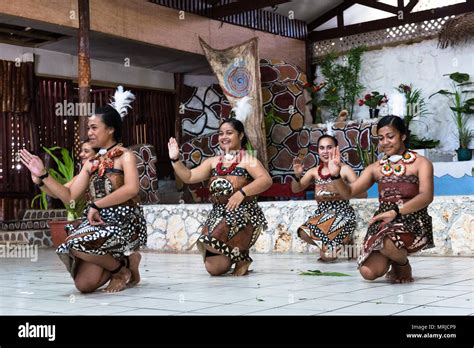 Nuku'Alofa, Tonga -- March 10, 2018. Female dancers in native garb perform a traditional ...