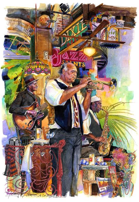 a watercolor painting of a man playing the trumpet in front of a jazz band