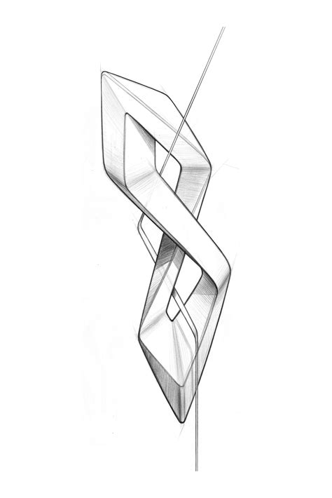 a drawing of a curved object on a white surface with lines going through the top