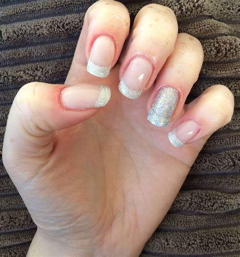 French Gel Extensions with Shellac Silver Chrome & Ice Vapor tips. Silver holographic glitter as ...