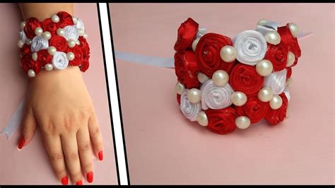 Rose Ribbon Bracelet || DIY Bangles || Ribbon And Pearl Accessories ...